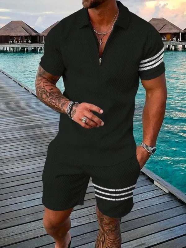 Fashion Mens Street Wear Summer Trendy Checkered Stripe Printed Sportswear Casual Zipper Collar Polo Shirt Shorts 2 Piece Set