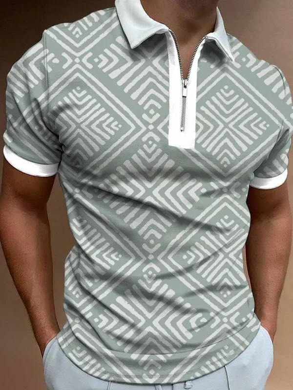 Summer Fashion 3D Digital Printed Men's Short Sleeved Zipper Polo Shirt Breathable Polyester Fiber