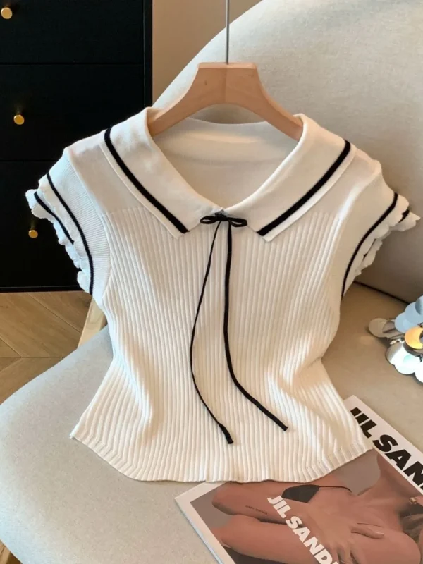 2026 New Summer Turndown Collar Double-layer Flying Sleeve Knitted Pullovers Lace Up Bow Solid Color Pullovers Tops