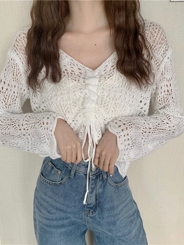 Drawstring Front Pointelle Knit Top Long Sleeve Crop Sweater Pullovers Women Spring Summer Cover Up Vacation Beach Outfit