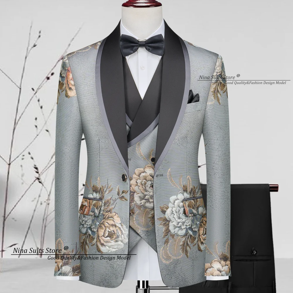 Nina Store Luxury Peony Jacquard Suit 3-Piece Set 2025 New Men's Tuxedos Evening Party Fashion Single Breasted Costume Homme