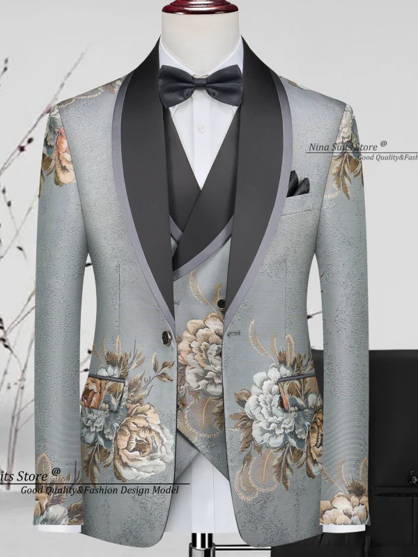 Nina Store Luxury Peony Jacquard Suit 3-Piece Set 2025 New Men's Tuxedos Evening Party Fashion Single Breasted Costume Homme