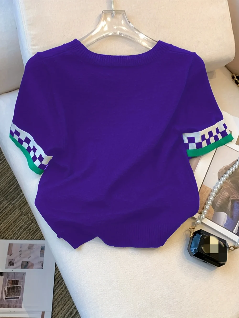 New Summer Heart Pattern Ribbed Pullover Sweater Casual Contrast Trim Crew Neck Short Sleeve Sweater Women's Clothing Crop Top - Image 4