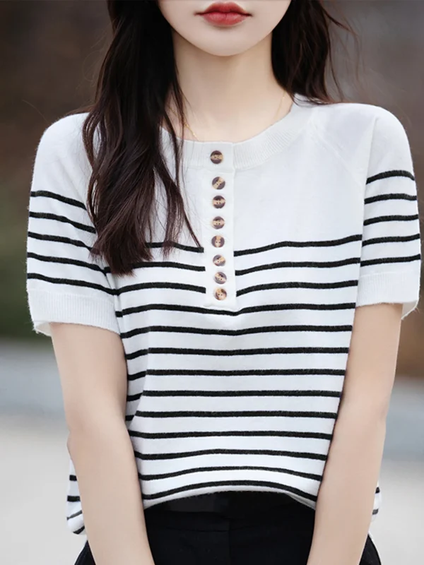 O-Neck Stripe Knitted Sweater Shirt For Women Summer Short Sleeve Thin Casual Pullover T- Shirt Korea Fashion Knit Tops Girl