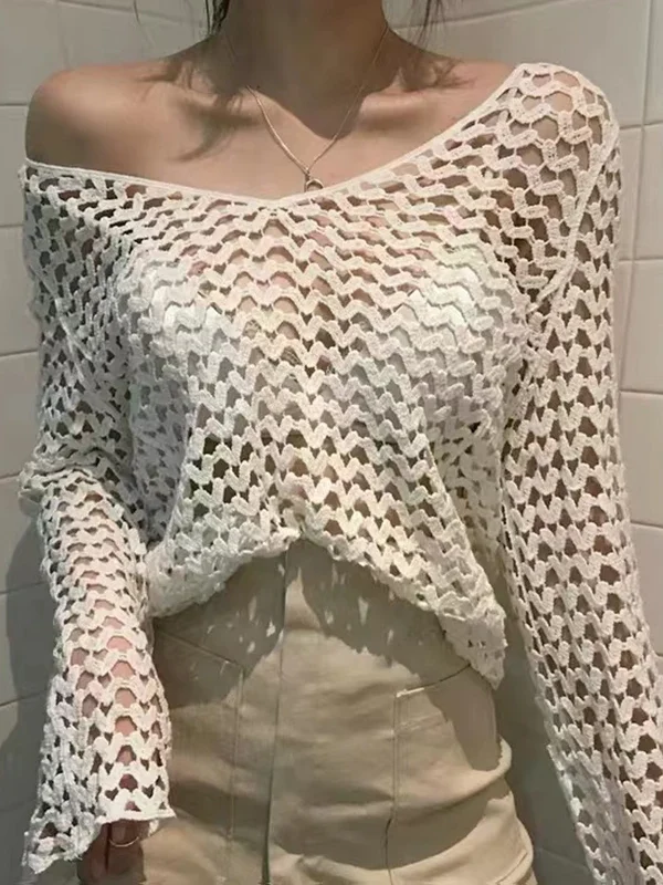 Sheer Crochet Top Long Sleeve Heart Embroidery Openwork Knitted Blouse Pullovers Women Summer Boho Vacation Beach Outfit