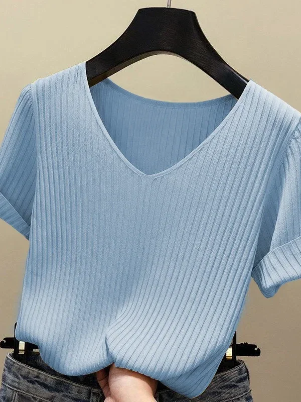 2025 Female Thin Knitted Ribbed Sweater Women Basic V-neck Solid Thin Summer Pullover Slim Short Sleeve Bodycon Sweater