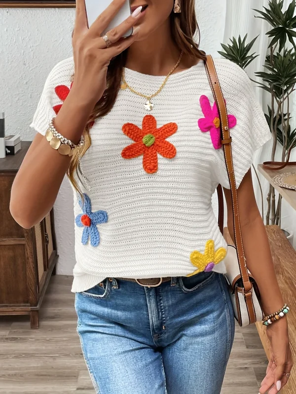 Autumn and Winter New Fashion Woman Sweater Floral Crochet Short Sleeve T-Shirt Loose Knit Pullover Top Women's Clothing