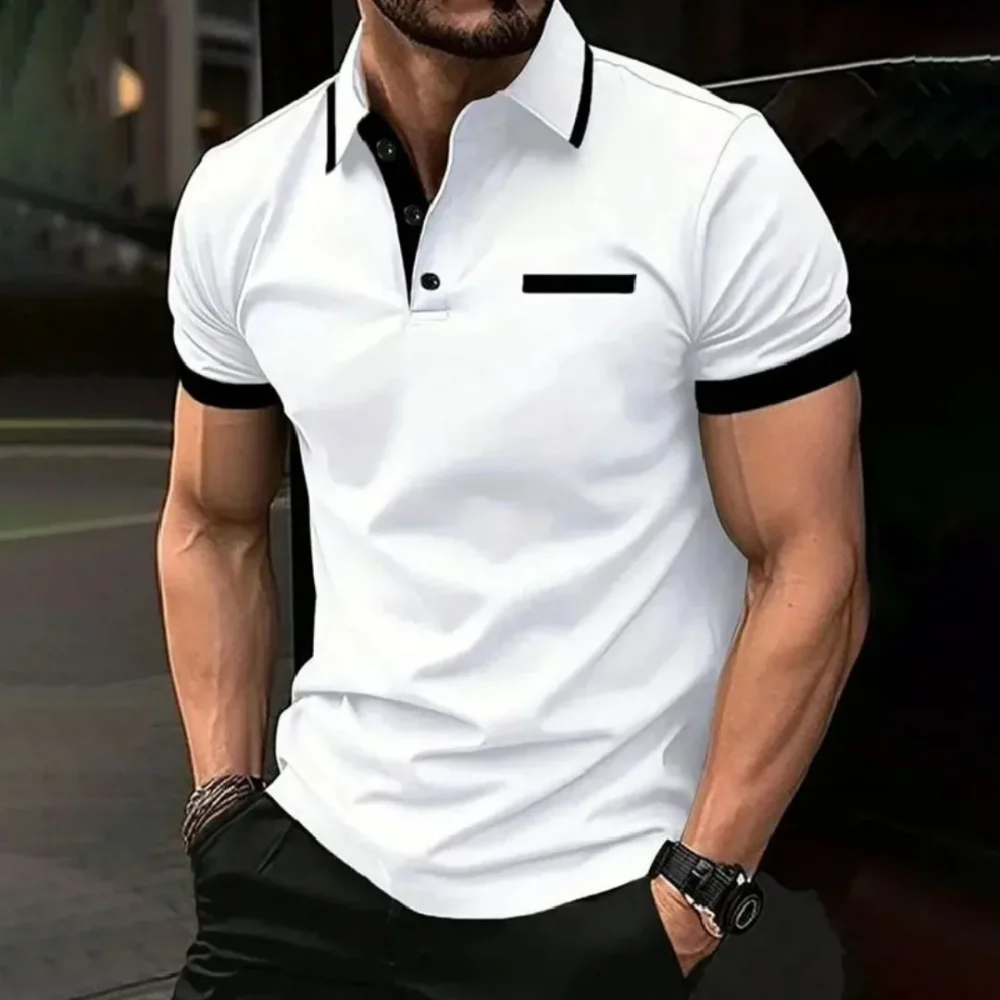 The 2025 summer new men's polo shirt is a casual sporty short-sleeved and fashionable basic color block patch