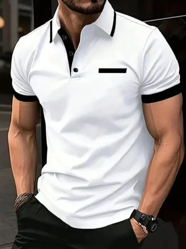 The 2025 summer new men's polo shirt is a casual sporty short-sleeved and fashionable basic color block patch