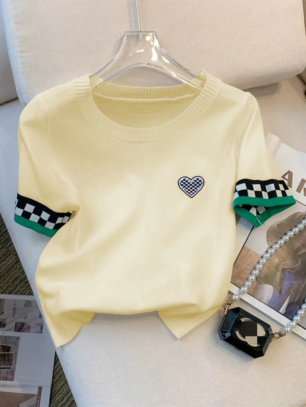 New Summer Heart Pattern Ribbed Pullover Sweater Casual Contrast Trim Crew Neck Short Sleeve Sweater Women's Clothing Crop Top - Image 3