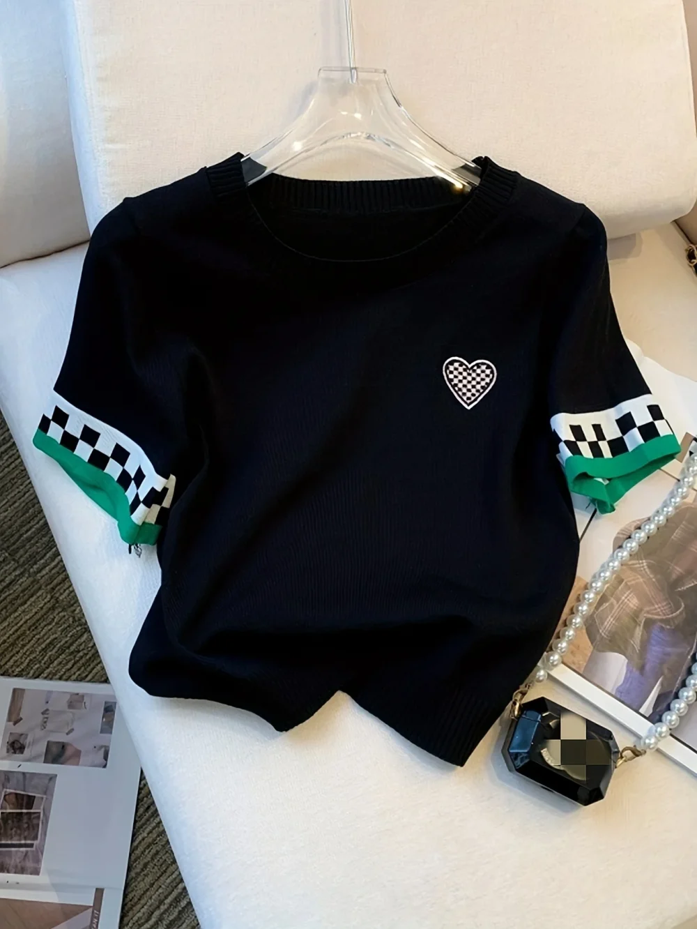 New Summer Heart Pattern Ribbed Pullover Sweater Casual Contrast Trim Crew Neck Short Sleeve Sweater Women's Clothing Crop Top - Image 2