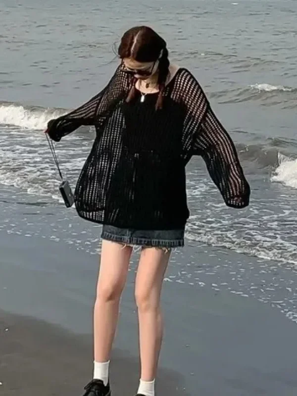 PTKPCC Female Personality Loose Casual Solid Pullovers Women Breathable Hollow Out Lazy Style Japanese Version Sweater Summer