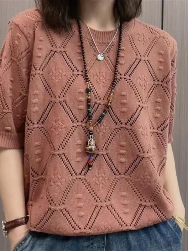 Spring Summer New Short-sleeved Women Sweater O-neck Jacquard Hollow Thin Knitwear Sweater Pullovers Lady Jumper Knitted Tops