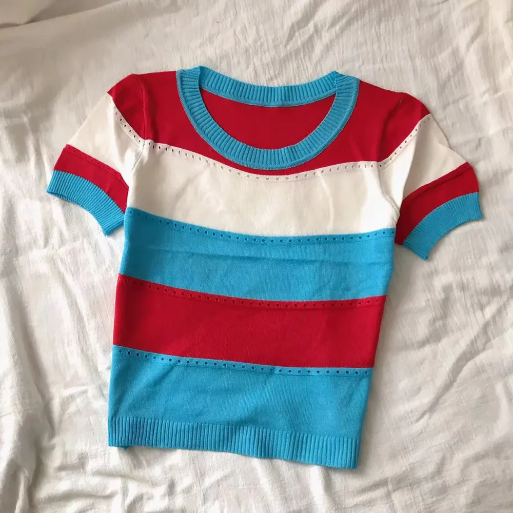 2026 New Strip Rainbow Hollow Out Crew Neck Pullover Sweater Versatile Short Sleeve Knitted Top For Spring & Women's Clothing - Image 5
