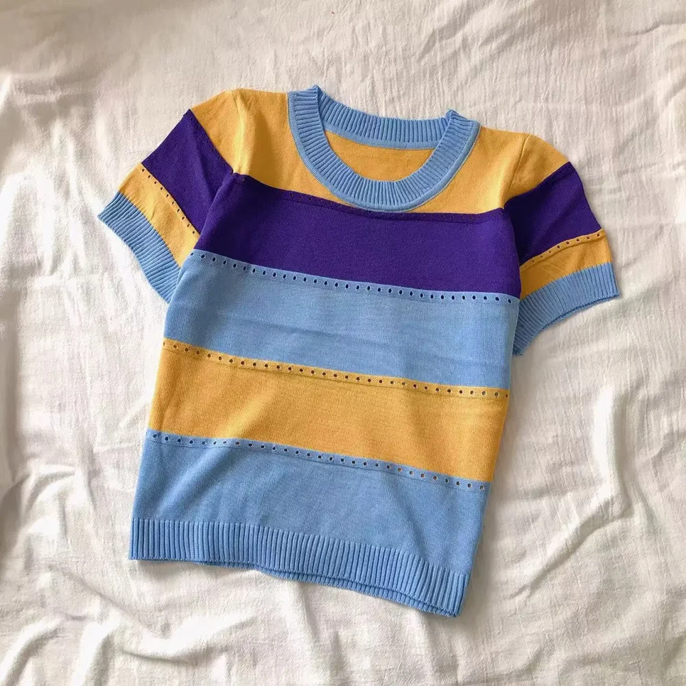 2026 New Strip Rainbow Hollow Out Crew Neck Pullover Sweater Versatile Short Sleeve Knitted Top For Spring & Women's Clothing - Image 6