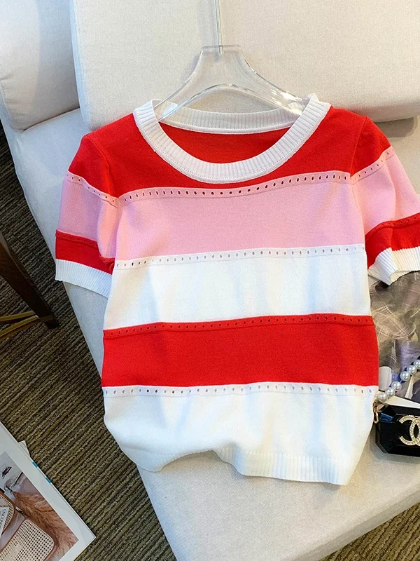 2026 New Strip Rainbow Hollow Out Crew Neck Pullover Sweater Versatile Short Sleeve Knitted Top For Spring & Women's Clothing