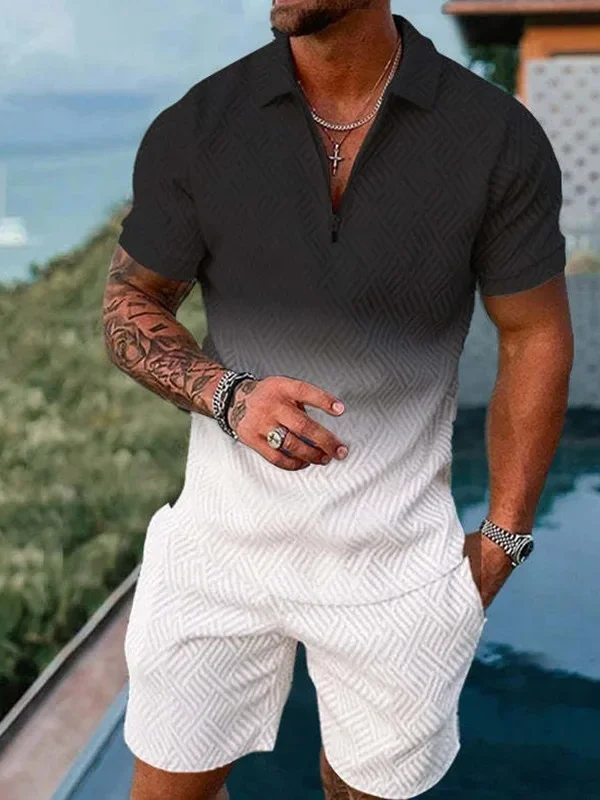 Solid Color Gradient Print Men Sweatsuit Set Summer Casual Zipper Polo Shirt And Shorts 2 pcs Sets Fashion Man Pullover Clothing