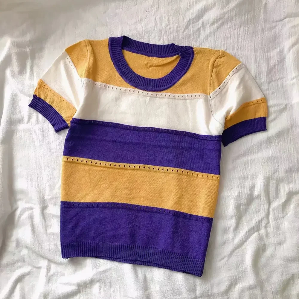 2026 New Strip Rainbow Hollow Out Crew Neck Pullover Sweater Versatile Short Sleeve Knitted Top For Spring & Women's Clothing - Image 4