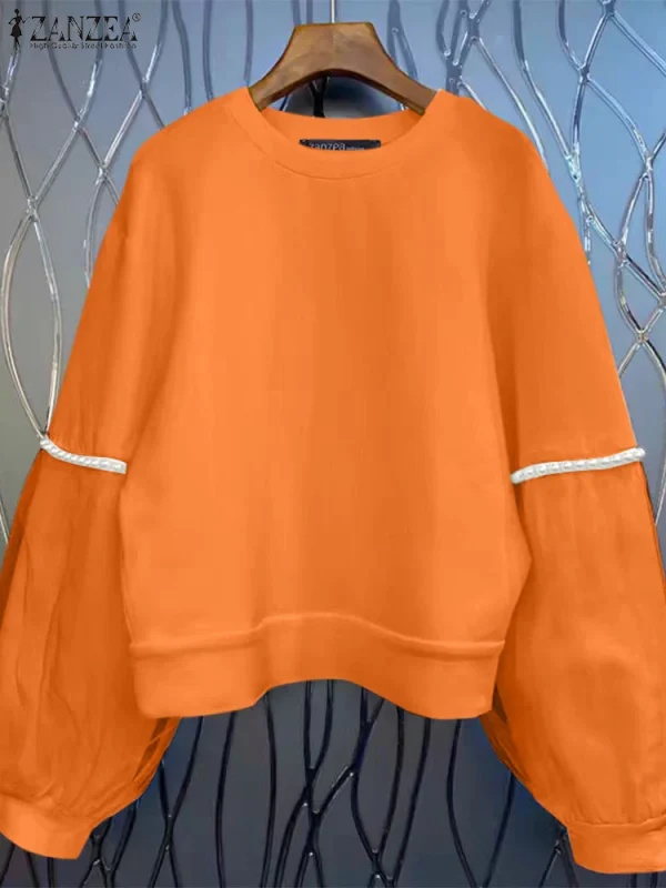 ZANZEA 2025 Autumn Women Sweatshirt Vintage Pearl Mesh Splicing Hoodies Fashiong Long Sleeve Pullovers Casual Korean Jumpers